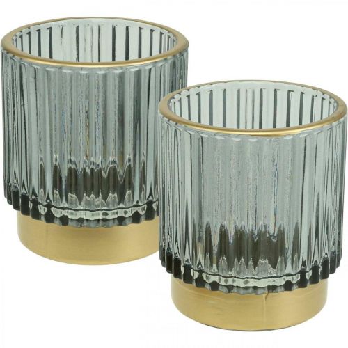 Floristik21 Windlicht Glas Geriffelt Teelichthalter Gold/Grau H8cm 2St