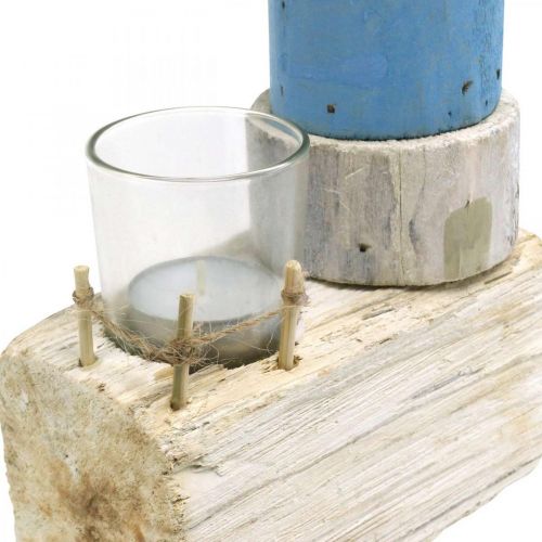 Holz Leuchtturm mit Teelichtglas Maritime Deko Blau, Weiß H38cm