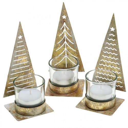 Floristik21 Teelichthalter Tannenbaum Metall, Glas Windlicht H15cm 3St