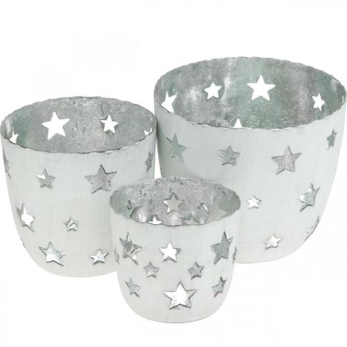 Floristik21.de Weihnachtsdeko Teelichthalter Weiß mit Sternen Metall  Ø12/10/8cm 3er-Set-00255