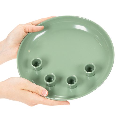 Kerzenteller Metall grün rund 24cm mit 4 Kerzenhaltern für Stabkerzen | Floristik21.de