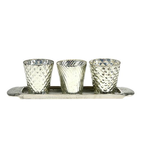 Floristik21 Tischdeko Teller mit 3 Teelichtgläser Silber Ø7cm H8cm