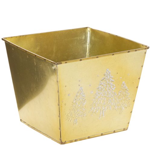 Pflanzgefäß Metall 18cm quadratisch gold mit glitzerndem Tannenmotiv