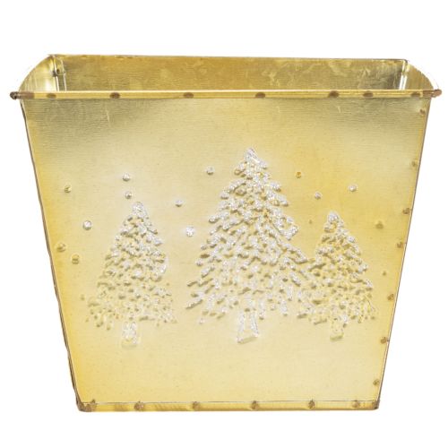 Pflanzgefäß Metall 18cm quadratisch gold mit glitzerndem Tannenmotiv | Floristik21.de