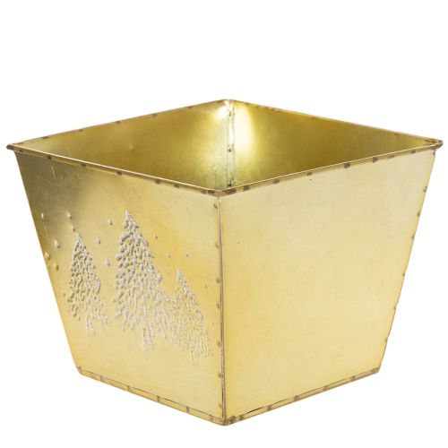 Pflanzgefäß Metall 18cm quadratisch gold mit glitzerndem Tannenmotiv | Floristik21.de