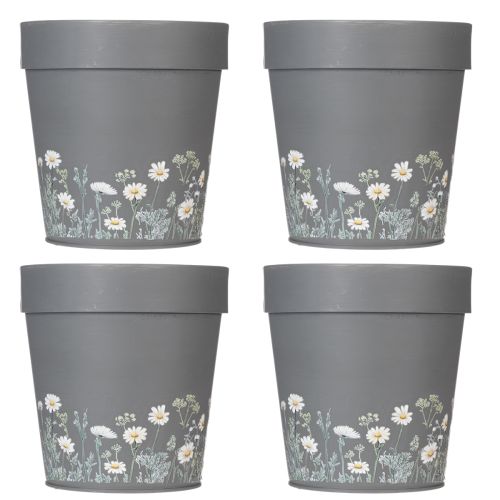 Artikel Grauer Blumentopf mit Blumenmuster aus Metall 13cm im 4er-Set