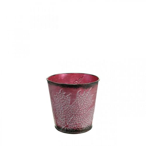 Übertopf mit Blattdeko, Metallgefäß, Herbst, Pflanztopf Weinrot Ø10cm H10cm