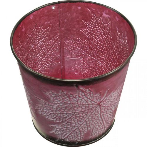 Artikel Dekotopf zum Bepflanzen, Blecheimer, Metalldeko mit Blattmuster Weinrot Ø14cm H12,5cm