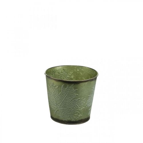 Pflanzgefäß für den Herbst, Übertopf mit Blattdekor, Metalleimer Grün Ø14cm H12,5cm