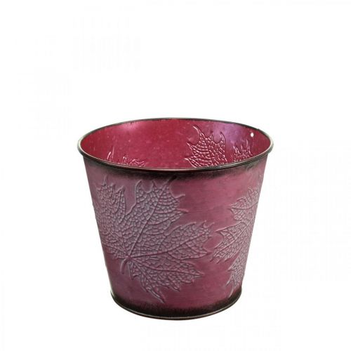 Pflanztopf mit Blattdeko, Herbstdeko, Metallübertopf Weinrot Ø16,5cm H14,5cm