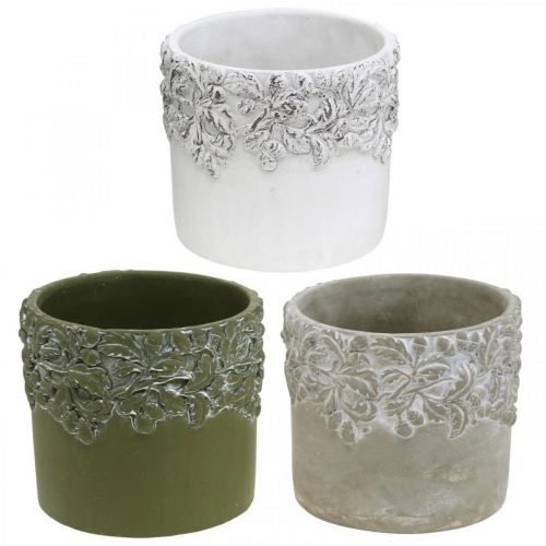 Floristik21 Keramikgefäß, Blumentopf mit Eichen-Dekor, Pflanztopf Grün/Weiß/Grau Ø13cm H11,5cm 3er-Set