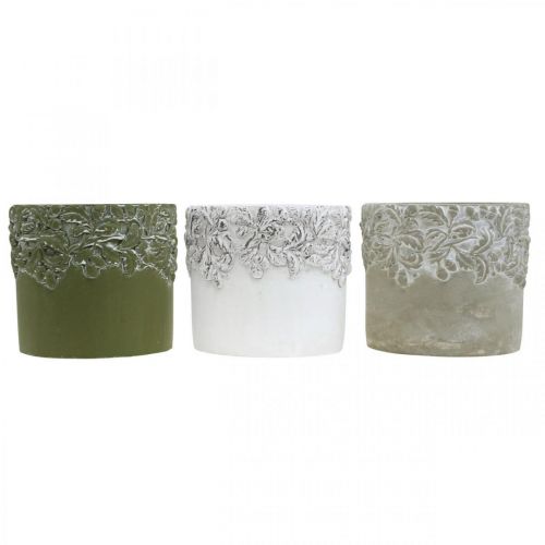 Keramikgefäß, Blumentopf mit Eichen-Dekor, Pflanztopf Grün/Weiß/Grau Ø13cm H11,5cm 3er-Set