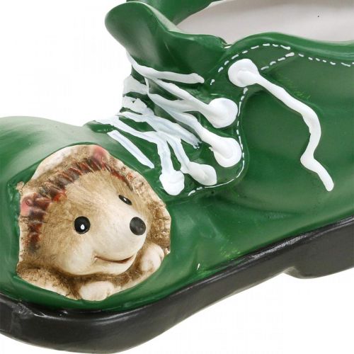 Artikel Übertopf Deko, grüner Schuh mit Igel, Keramik 14x13cm H13cm