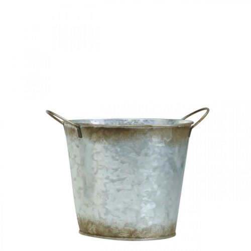 Artikel Dekotopf mit Griffen, Pflanzeimer, Metallgefäß Silbern, Edelrost Ø17cm H16,5cm