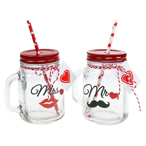 Floristik21 Trinkglas mit Deckel „Mr“ und „Mrs“ 13,5cm 2St