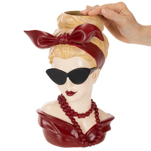 Kopfvase aus Polyresin, Frauenkopf mit Sonnenbrille und Perlenkette, 30 cm | Floristik21.de