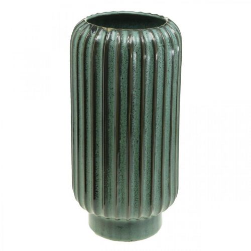 Deko-Vase, Blumenschmuck, Tischdeko, Vase aus Keramik geriffelt Grün, Braun Ø15cm H30,5cm