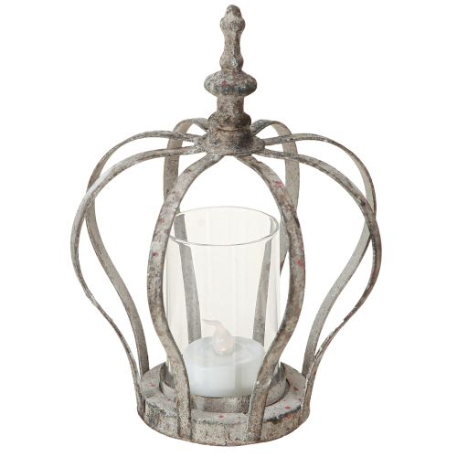 Vintage Windlicht Krone Metall Glas Grau Teelicht Halter