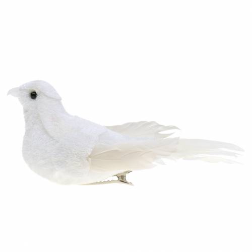 Taube beflockt mit Federn und Clip Weiß 13,5cm 4St
