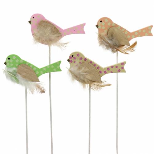 Floristik21 Deko Stecker Vogel Holz Grün, Rosa, Gelb, Orange sortiert 7cm x 4cm H24cm 16 St