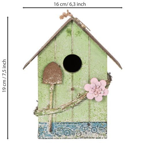 Artikel Charmantes Vogelhaus aus Holz mit Blumenverzierung in Grün, 19 cm – Romantische Gartendeko
