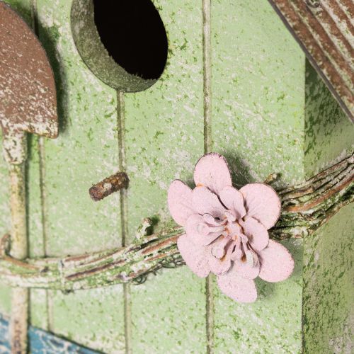 Artikel Charmantes Vogelhaus aus Holz mit Blumenverzierung in Grün, 19 cm – Romantische Gartendeko