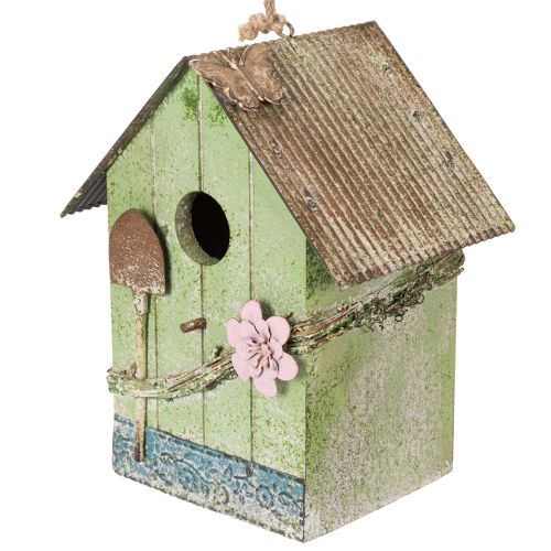 Artikel Charmantes Vogelhaus aus Holz mit Blumenverzierung in Grün, 19 cm – Romantische Gartendeko