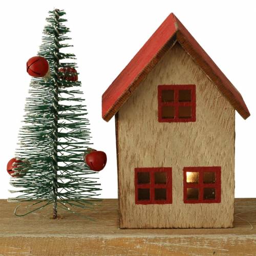 Floristik21 Weihnachtsdorf mit LED-Beleuchtung Natur, Rot Holz 40×10,5×7cm