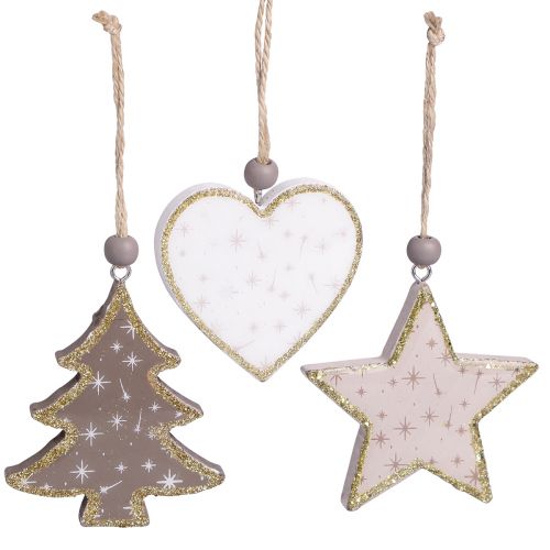 Artikel Weihnachtsanhänger Set Holz Stern Herz Tannenbaum 6er Mix 6,5/7cm für festliche Dekoration