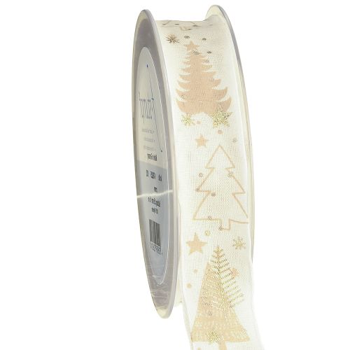 Hochwertiges Weihnachtsband Creme Gold mit Tannenbäumen 25mm x 15m für natürliche Dekoration Floristik21
