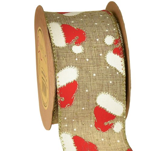 Großhandel Weihnachtsband Santa-Mützen Braun 60mm 10m Dekoband Geschenkband Leinen-Optik mit Draht