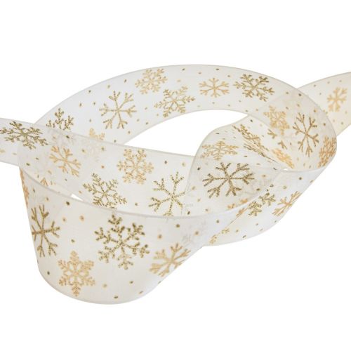 Artikel Weihnachtsband Organza Schneeflocken Weiß Gold 40mm 15m