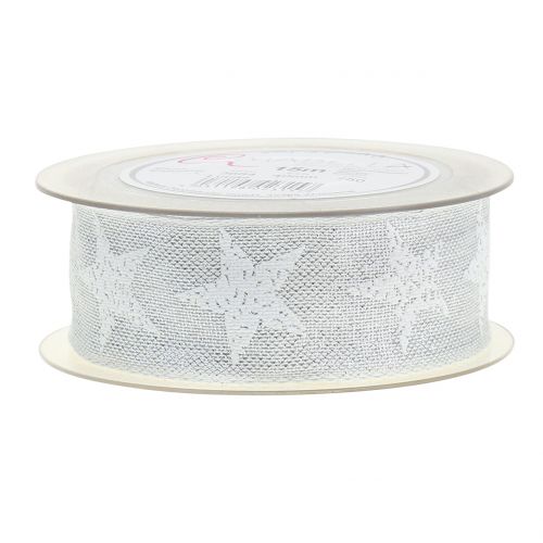 Floristik21 Weihnachtsband mit Sternmuster Weiß, Silber 40mm 15m