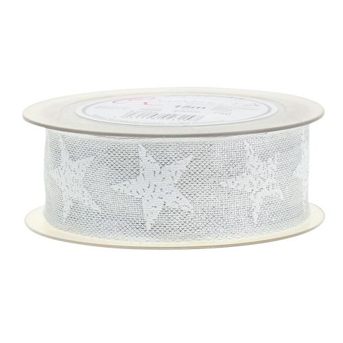 Weihnachtsband mit Sternmuster Weiß, Silber 40mm 15m