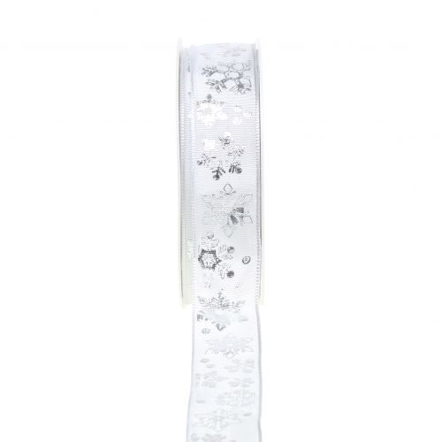 Floristik21 Weihnachtsband Weiß mit Schneeflocke Silber 25mm 20m