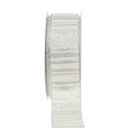 Floristik21 Weihnachtsband Weiß mit Silberstreifen Muster 35mm 25m