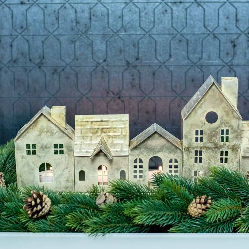 Floristik21 Weihnachtsdiorama, Metalldeko mit Beleuchtung, Lichthäuser Golden, Vintage-Look L67,5cm H20cm
