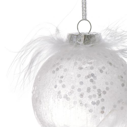 Floristik21 Weihnachtskugel mit Feder Weiß Ø7,5cm 6St