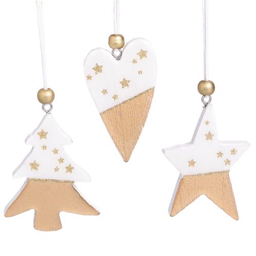 Floristik21 Weihnachtsschmuck Holz Stern Baum Herz Set 6-teilig in Gold-Weiß für edle Deko