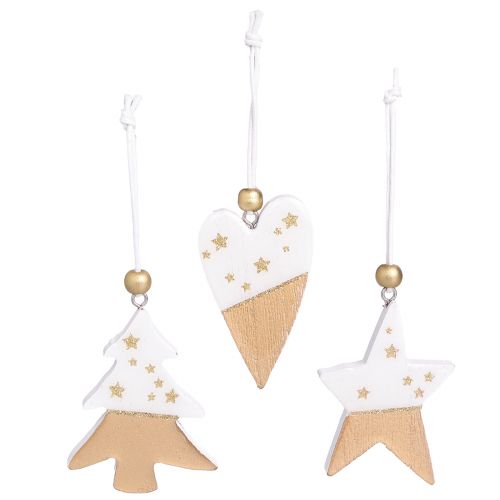 Artikel Weihnachtsschmuck Holz Stern Baum Herz Set 6-teilig in Gold-Weiß für edle Deko