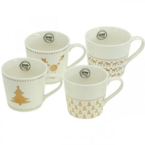 Floristik21 Weihnachtstassen Creme Gold Keramik Tassen H9cm 4St