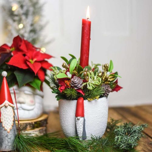 Floristik21.de Weihnachtstopf mit Wichtel, Adventsdeko, Übertopf aus Beton  Weiß, Rot Ø8cm H12,5cm 2St-01977
