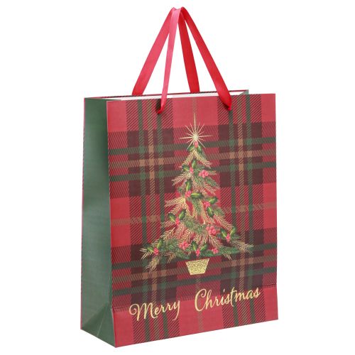 Floristik21 Weihnachtstüte kariert mit Henkeln, Christbaum-Motiv, 26x32x10cm, 4er-Set