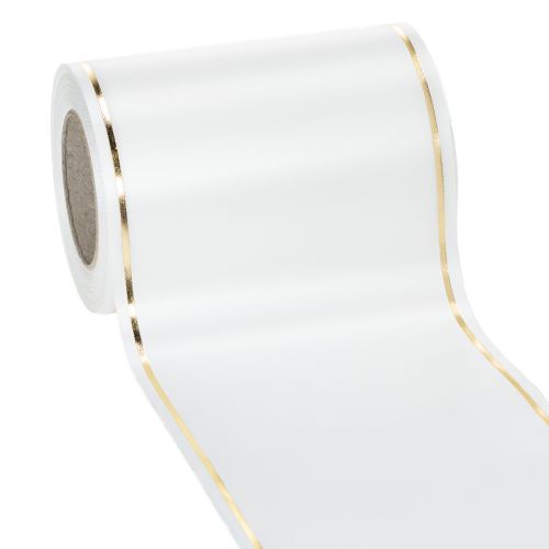 Floristik21 Weißes Kranzband mit Goldkante für Computerdruck, Satin Schleifenband, Wasserfest, 25m x 125mm