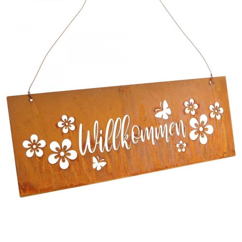 Willkommensschild Metallschild Edelrost Blumen 40x15cm