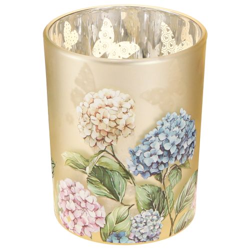 Windlicht Glas 12,5cm mit Hydrangea-Motiv und goldener Innenfläche