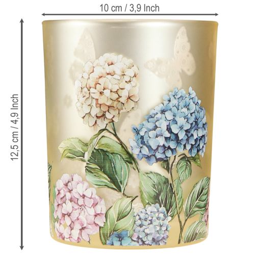 Artikel Windlicht Glas 12,5cm mit Hydrangea-Motiv und goldener Innenfläche