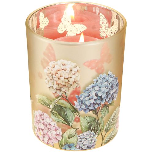 Artikel Windlicht Glas 12,5cm mit Hydrangea-Motiv und goldener Innenfläche