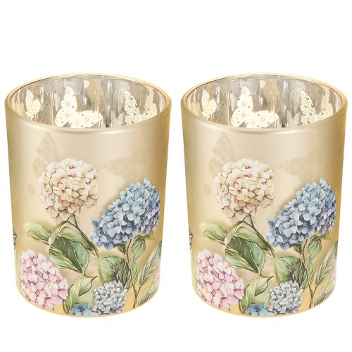 Artikel Windlicht Glas 12,5cm mit Hydrangea-Motiv und goldener Innenfläche