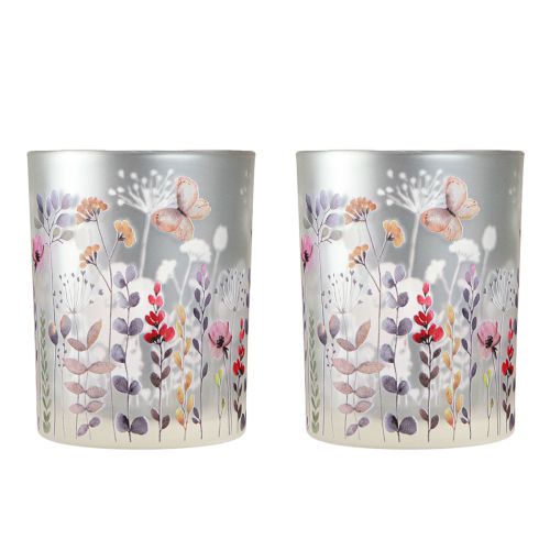 Artikel Windlicht Glas Mohnblumenwiese Silber Modern 12,5cm 2er-Set
